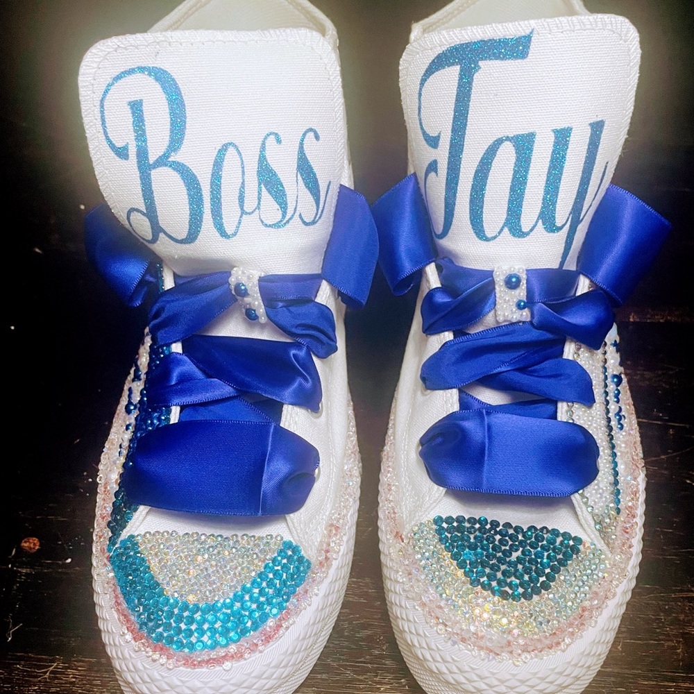 Custom blue and white blinged out kids Converse Sneakers